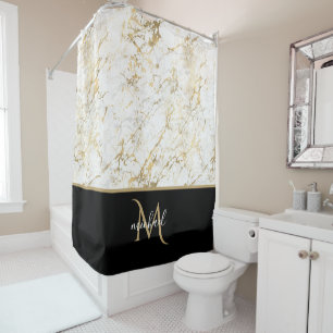 Rideaux De Douche Or noir et marbre Monogramme Luxe Élégant