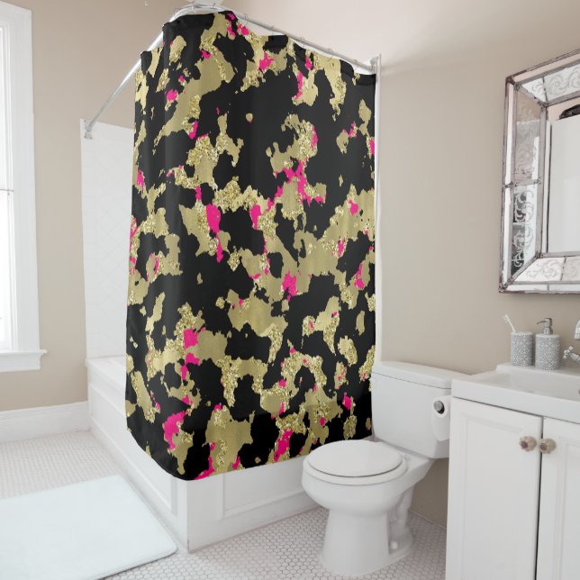 Rideaux De Douche Or Noir Paillettes Rose Chaud Abstrait qui se Déco (En situation)