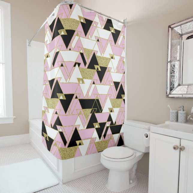 Rideaux De Douche Or Rose Noir Blanc Boho Glam Motif Triangles (En situation)