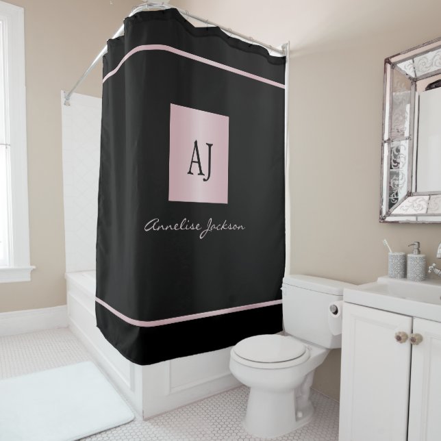 Rideaux De Douche Or rose personnalisé nom monogramme noir (En situation)