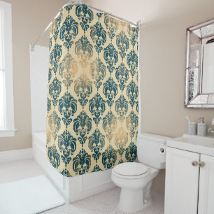 Rideaux De Douche Or & Vintage Bleu Rustique Moderne Glam Damassé