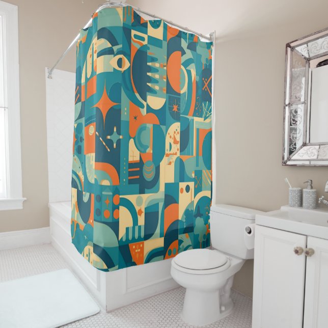 Rideaux De Douche Orange and Teal Geometric Abstract (En situation)