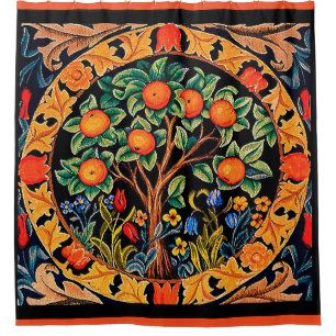 RIDEAUX DE DOUCHE ORANGE ARBRE AVEC FEUILLES VERTS, FLEURS