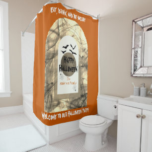 Rideaux De Douche Orange Black Pleine lune Éffrayante chauves-souris