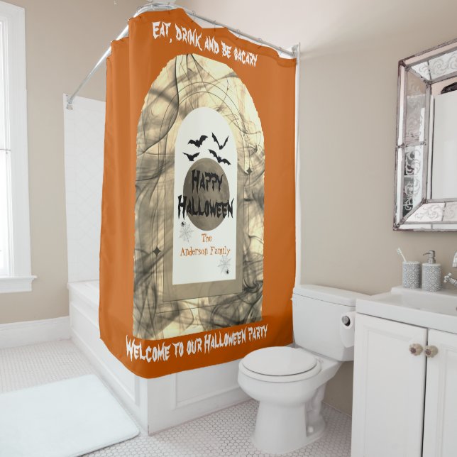 Rideaux De Douche Orange Black Pleine lune Éffrayante chauves-souris (En situation)