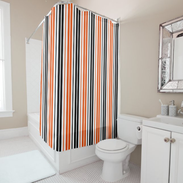 Rideaux De Douche Orange Black White Stripes Pattern Design  (En situation)