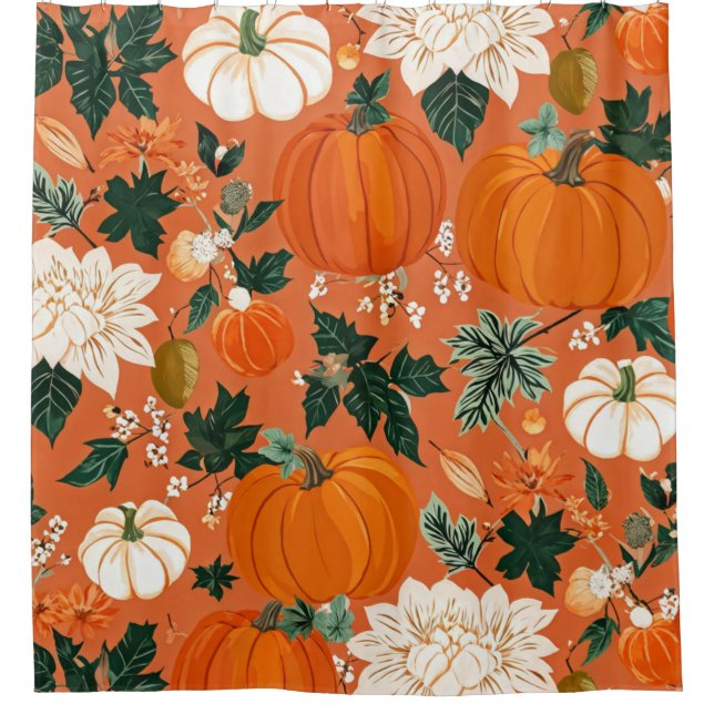 Rideaux De Douche Orange Boho Citrouille Automne motif floral (Devant)