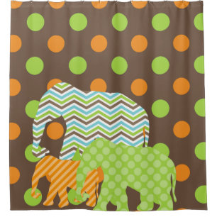 Rideaux De Douche Orange, Brown, Vert, Trio Eléphant Bleu