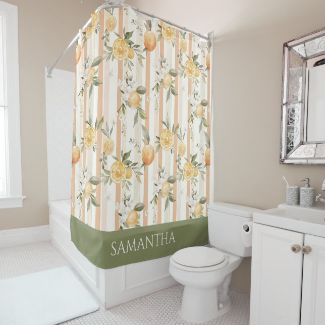 Rideaux De Douche Orange Citrus Floral Peach Stripe Name (En situation)