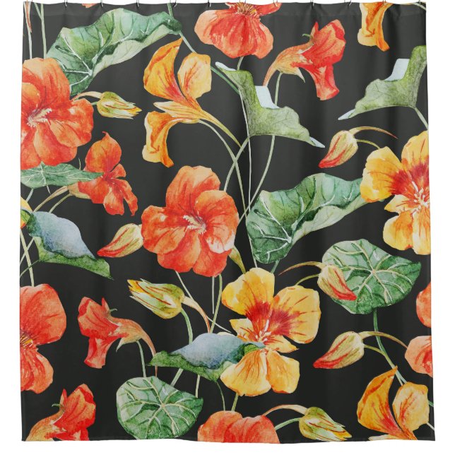 Rideaux De Douche Orange de Nasturtium : Aquarelle Motif foncé. (Devant)