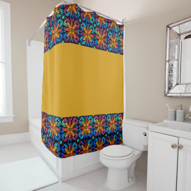 Rideaux De Douche Orange et bleu Fleur Carrés foncé (En situation)