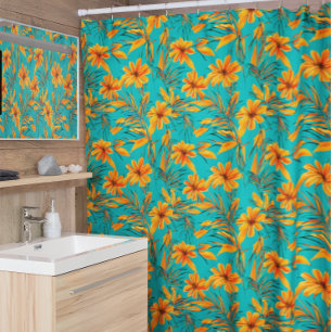 Rideaux De Douche Orange Floral Motif Tropical Turquoise