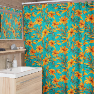 Rideaux De Douche Orange Floral Motif Tropical Turquoise