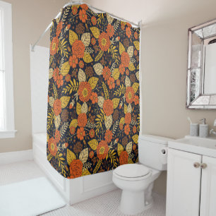 Rideaux De Douche Orange rétro, Jaune & Marine Floral 