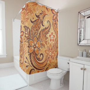 Rideaux De Douche Orange Terracotta Boho Floral Batik Aquarelle