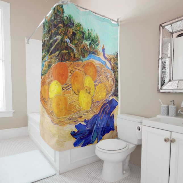 Rideaux De Douche Oranges et citrons avec gants bleus, Van Gogh (En situation)
