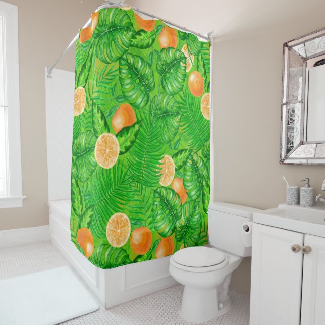 Rideaux De Douche Oranges et feuilles tropicaux (En situation)