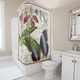 Rideaux De Douche Orchidée botanique vintage et papillon