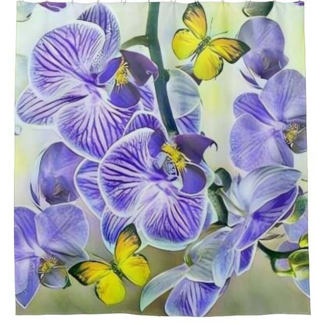 Rideaux De Douche Orchidée jaune violet fleurs papillon aquarelle (Devant)