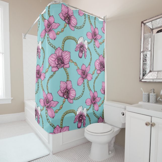 Rideaux De Douche Orchidées et chaînes, roses et bleues (En situation)