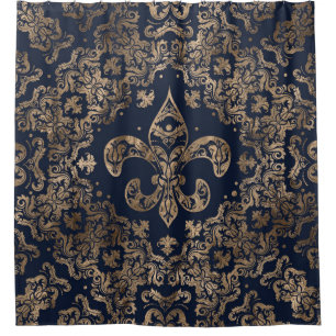 Rideaux De Douche Ornement de luxe Fleur de lis - or et bleu foncé