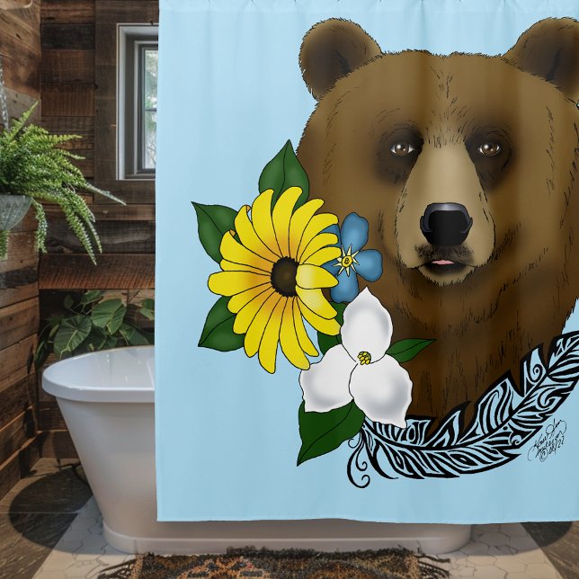 Rideaux De Douche Ours Brun Fleurs Bleues Plume Faune (Créateur téléchargé)