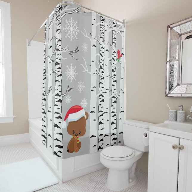 Rideaux De Douche Ours brun mignon dans les forêts neige cardinal  (En situation)