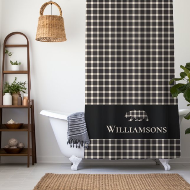 Rideaux De Douche Ours de monogramme plaqué rustique | Noir blanc cr (Créateur téléchargé)