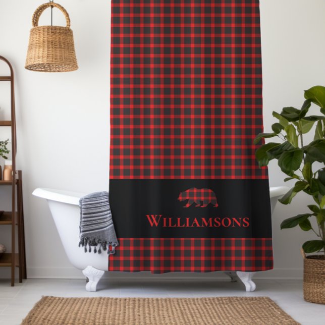 Rideaux De Douche Ours de monogramme plaqué rustique | Noir rouge de (Créateur téléchargé)