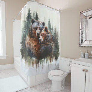 Rideaux De Douche Ours et arbres à l'aquarelle Rustique Wilderness