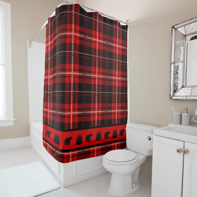 Rideaux De Douche Ours noir cabine rouge Plaid (En situation)
