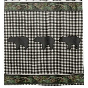 Rideaux De Douche Ours Rustique Cabine de montagne noir blanc cônes 