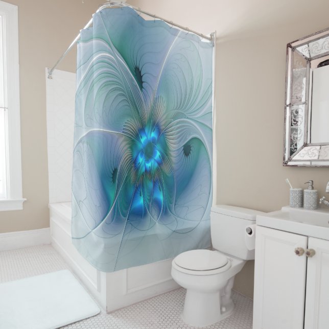 Rideaux De Douche Ovations debout, fractale bleue turquoise abstrait (En situation)