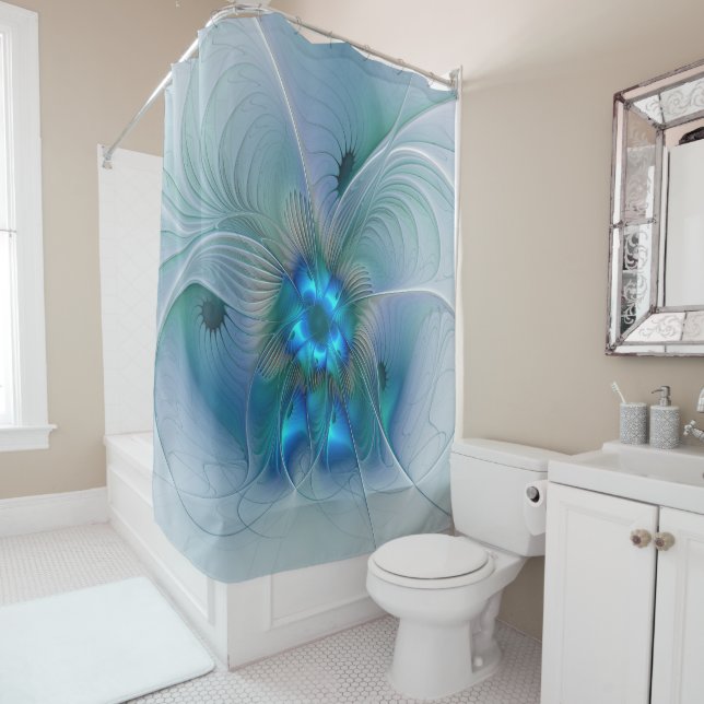 Rideaux De Douche Ovations debout, fractale bleue turquoise abstrait (En situation)