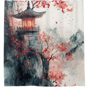 Rideaux De Douche Pagode Crimson Sakura Aquarelle