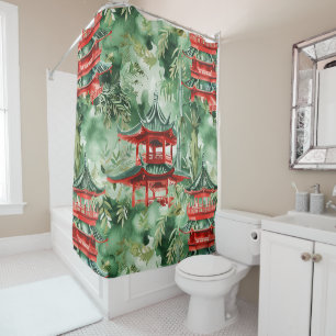 Rideaux De Douche Pagode en terre cuite Jardin asiatique Aquarelle