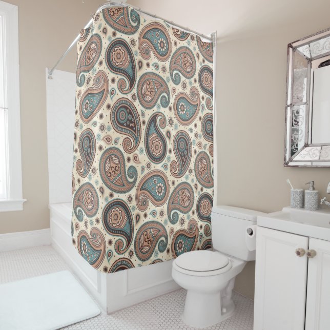 Rideaux De Douche Paisley motif marron turquoise beige (En situation)