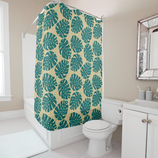 Rideaux De Douche Palme Tropicale Turquoise Beige (En situation)