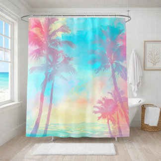 Rideaux De Douche Palmier Tropicaux Pastel Doux Turquoise Rose Côtie
