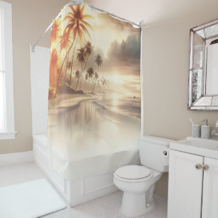 Rideaux De Douche Palmiers et plage au coucher de soleil orange