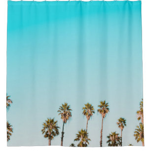 RIDEAUX DE DOUCHE PALMIERS VERTS ET BROWN SOUS UN CIEL BLEU CLAIR