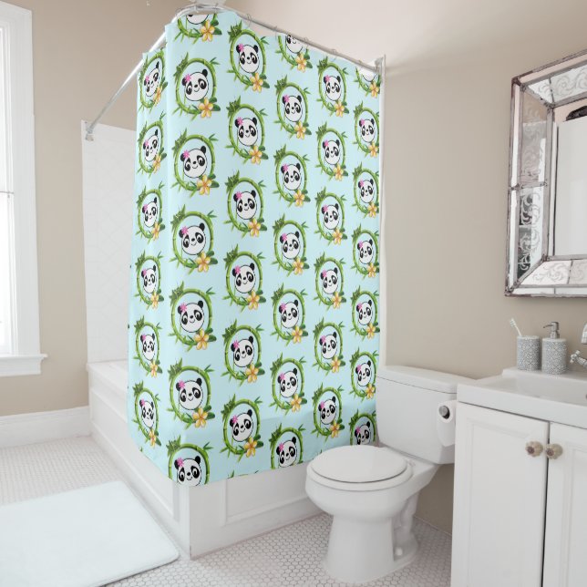 Rideaux De Douche Panda graphique Fleurs tropicales Bambou Wreath (En situation)