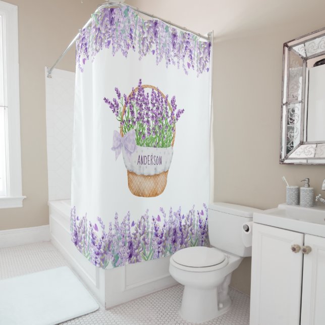 Rideaux De Douche Panier de fleurs de lavande avec monogramme vert p (En situation)