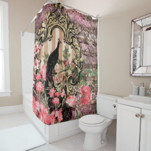 Rideaux De Douche Paon et fleurs illustrés antiques grunge