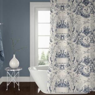 Rideaux De Douche Paon Toile Vintage Bleu Blanc Coq et Lapin