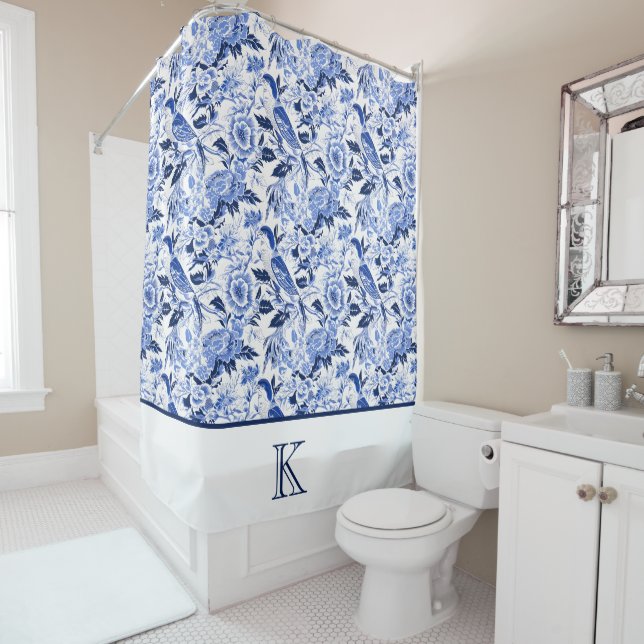 Rideaux De Douche Papier bleu à monogramme de style chinois  (En situation)