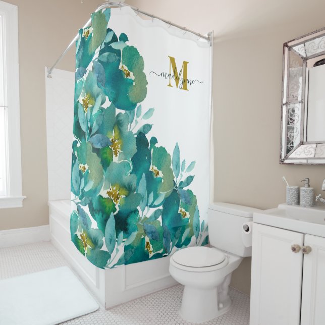 Rideaux De Douche Papier Monogrammé Or Sarcelle Fleurs Aquarelle  (En situation)