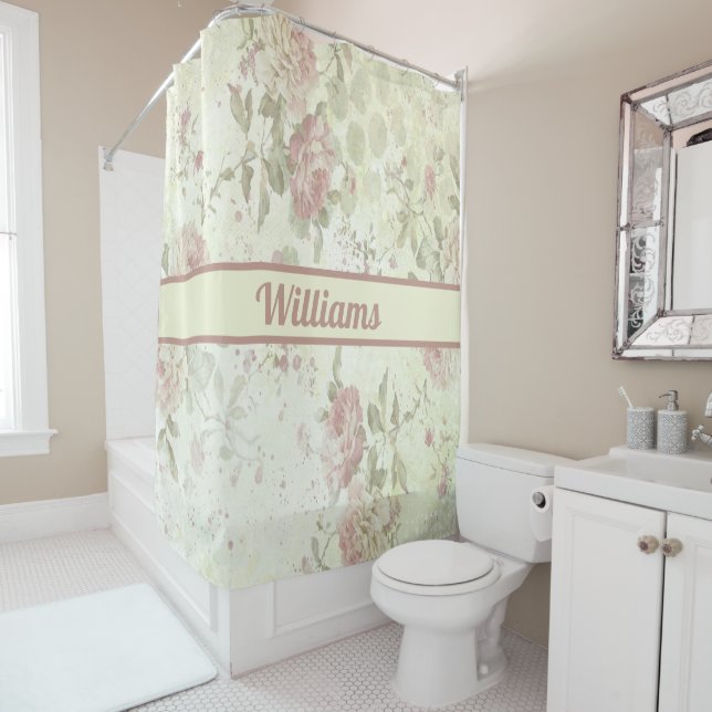 Rideaux De Douche Papier Monogrammé Rose Florale Rose Vert  (En situation)