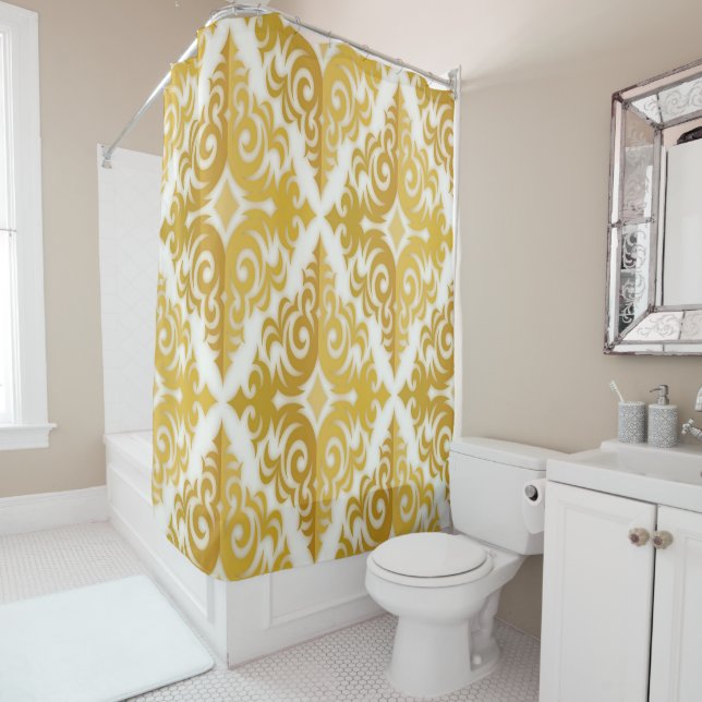 Rideaux De Douche Papier peint damas or et blanc (En situation)