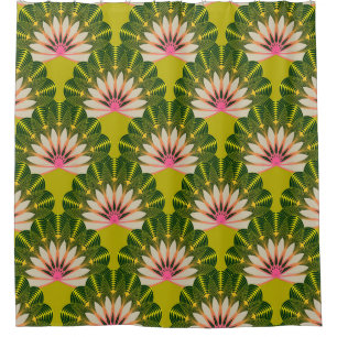 Rideaux De Douche Papier peint en lotus stylisé : rose, vert.